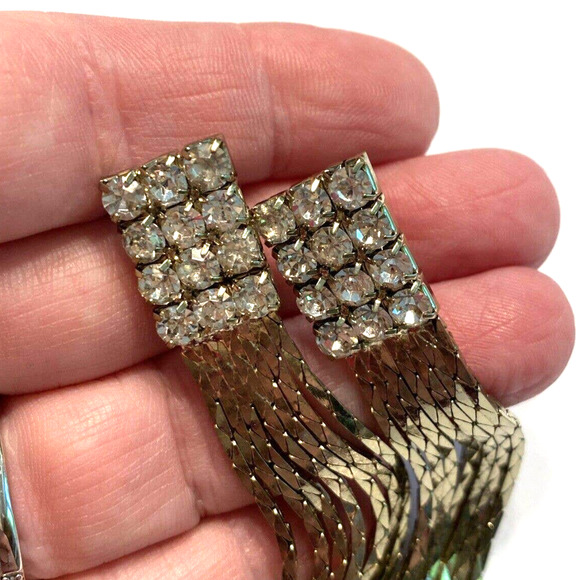 Dramatic Dressy Pierced Earrings Y2K Gold Chain White Rhinestone Runway Dangles - Picture 6 of 8